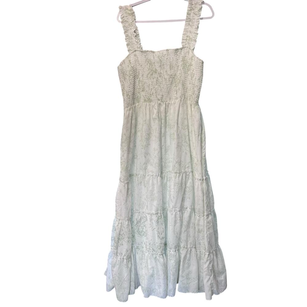 And Now This Maxi Dress Boho Peasant Coquette Fairy 4X Green Layers Smocked FLAW